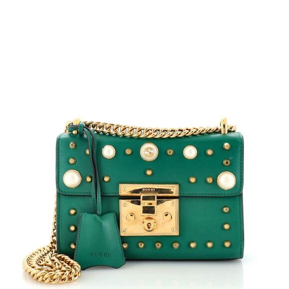 Gucci Pearly Padlock Shoulder Bag Studded Leather Small Green - Picture 1 of 10